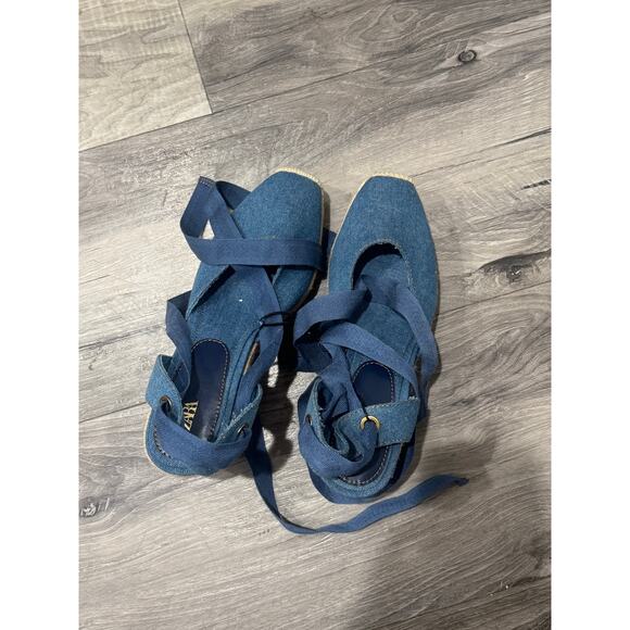 NWT ZARA Blue Denim Espadrille Ankle Tie Wedges Size 40 US Size 9 - Picture 4 of 7